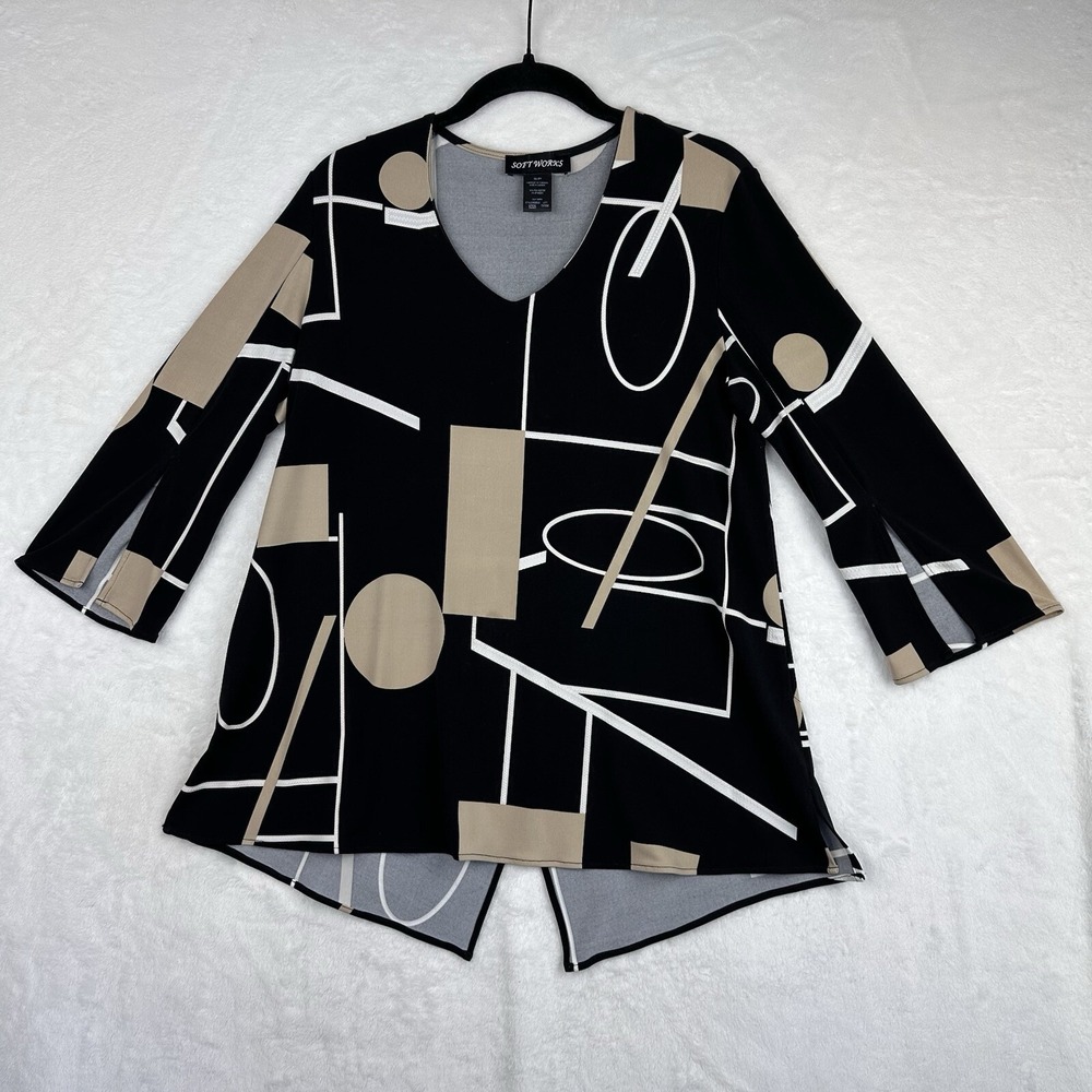 Soft Works Womens Blouse Top Black Tan Geometric V Neck Polyester Blend‎ Size S